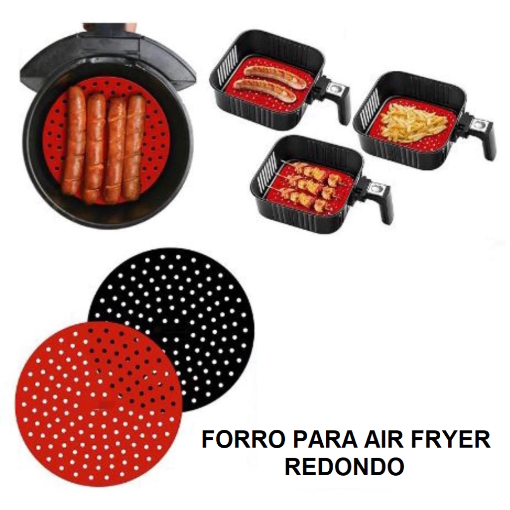 Forro Tapete em Silicone Para Air Fryer 22,5cm Fritadeira Elétrica REDONDO Multiuso Universal Vermelho Preto