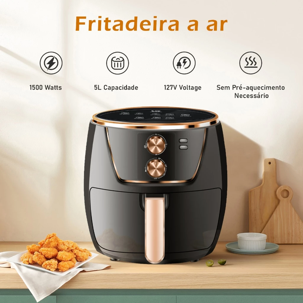 COIBEU Fritadeira Elétrica sem Óleo 5L Air Fryer Botão de Rodar ou Digital Touch 1500Watts Preto127V/220V