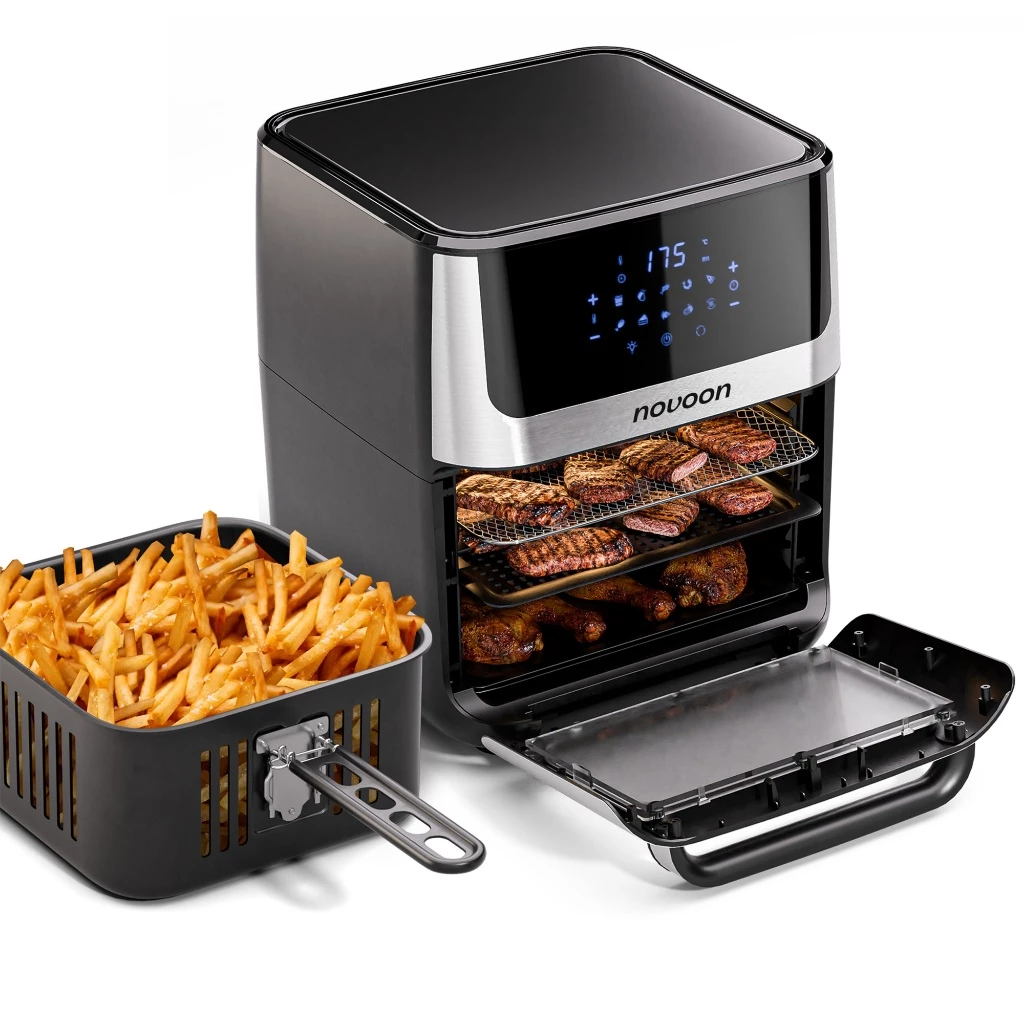 Air Fryer Digital Novoon 12L - Fritadeira Elétrica Sem Óleo Preta Inox com Tampa de Vidro 127v/220v