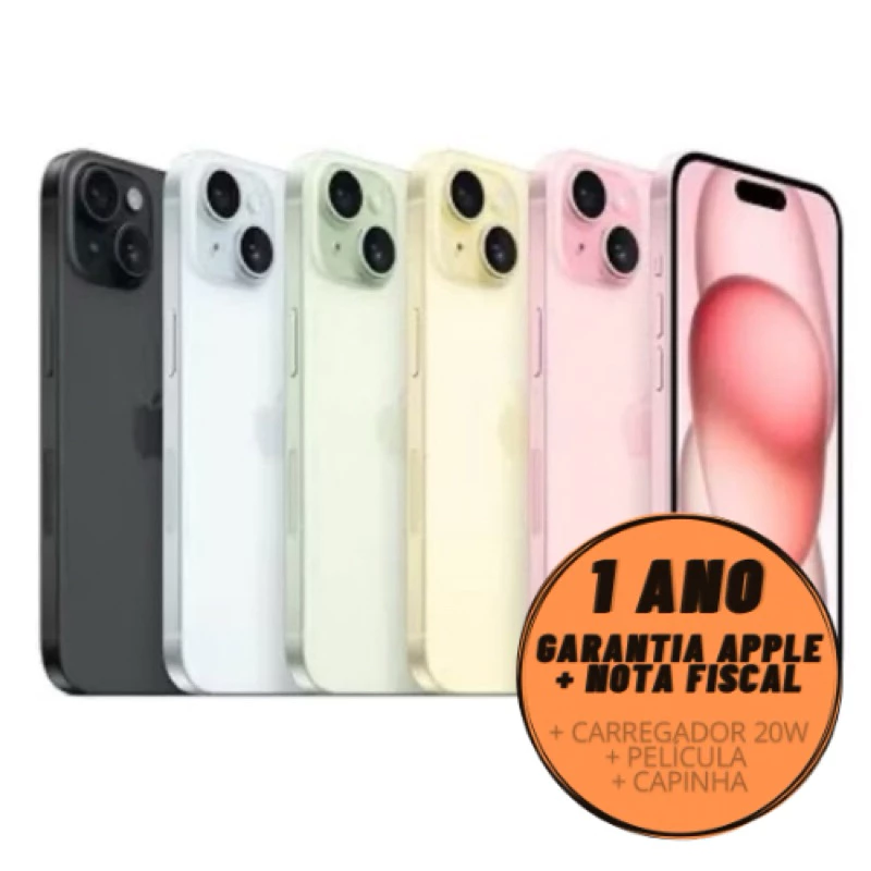 Celular iPhone 15 e 15 Plus (128GB) (256GB) 100% Original Apple Novo Lacrado NF Garantia Apple 1 Ano Chip Físico e Virtu