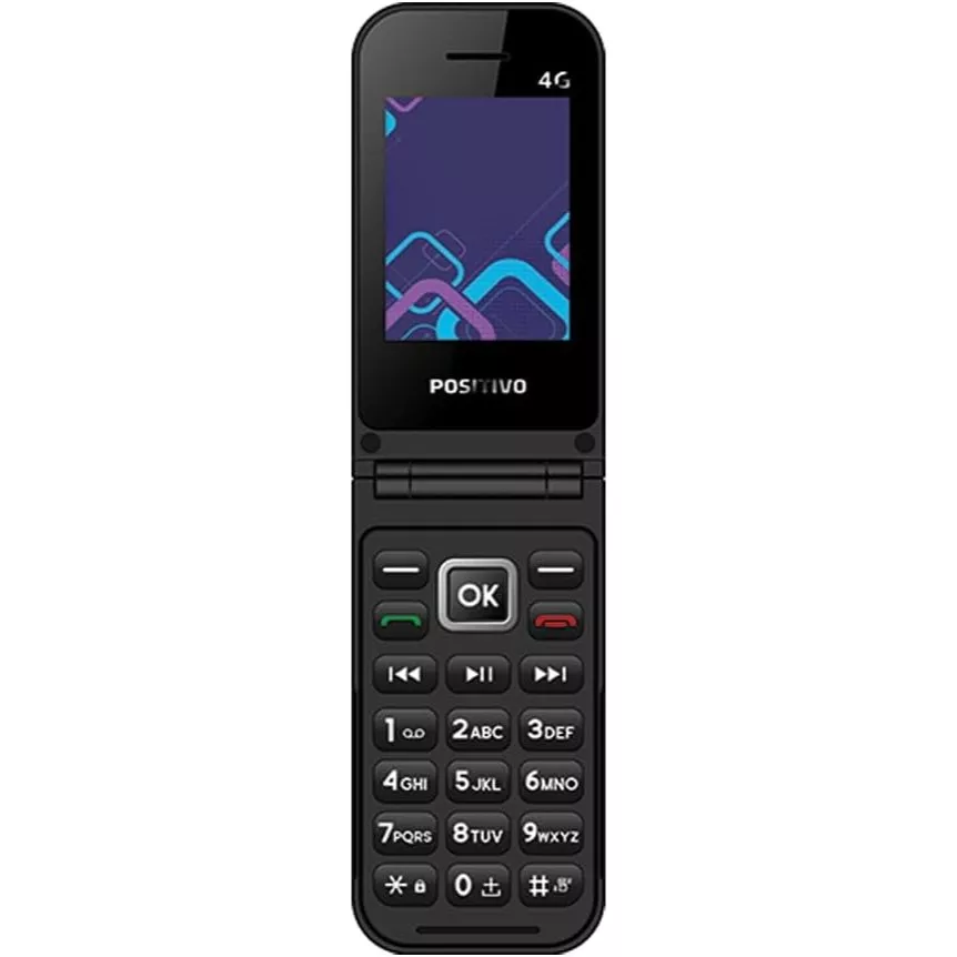 Celular POSITIVO P51, Flip, Função Modem, 4G, Câmera Traseira, Tela 2,4” LCD, Rádio FM, Botão SOS, Dual SIM Preto