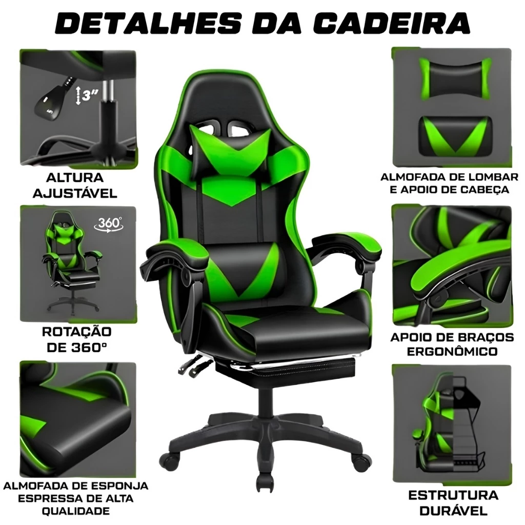Cadeira Gamer E Escritorio Ergonômica Tecido Em Couro Encosto Regulável Com apoio Para Pés