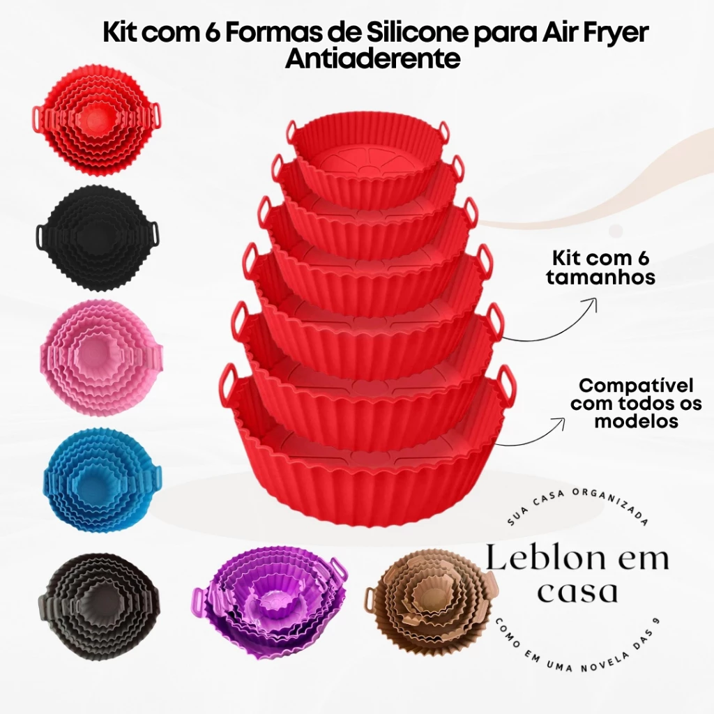 Kit com 6 Formas de Silicone para Air Fryer - Antiaderente e Prático, Tamanhos Variados!