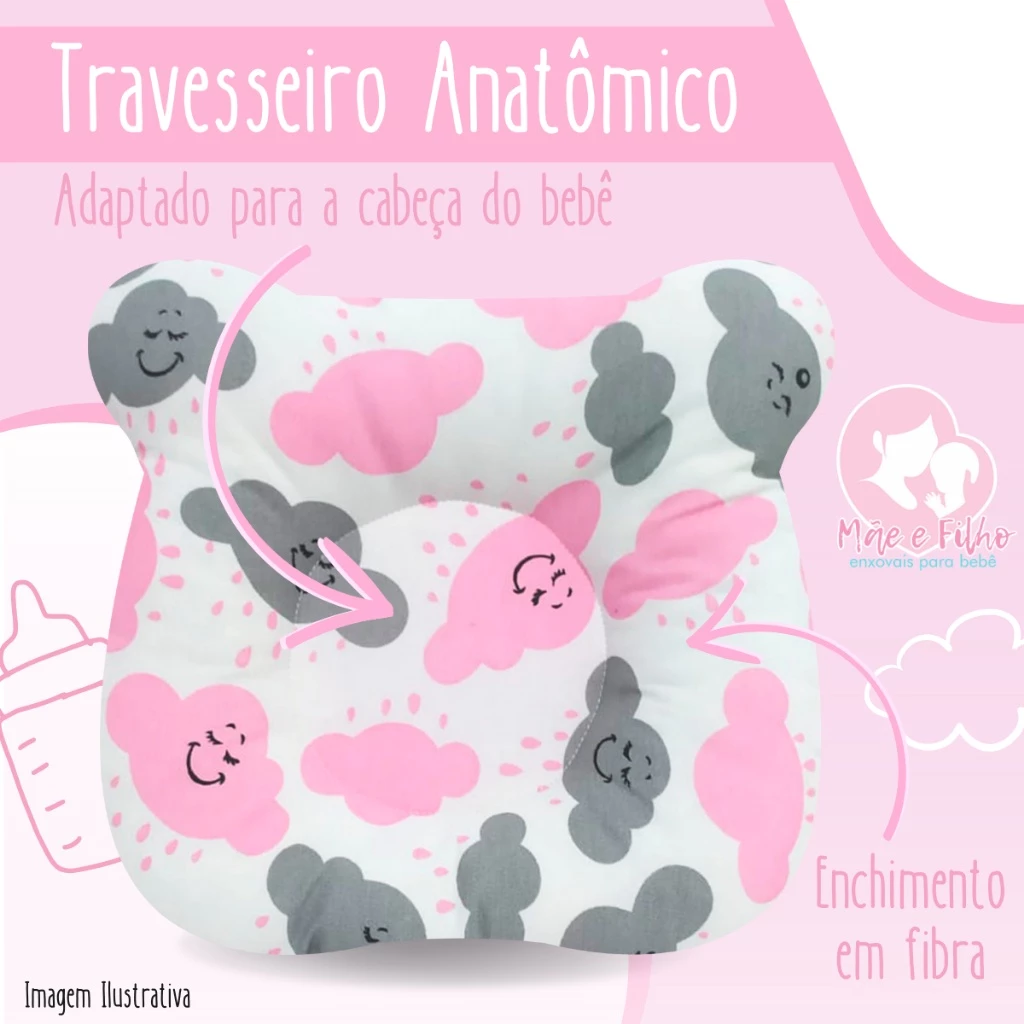 Travesseiro Almofada Anatômico Modelador para Bebê com Tecido Estampado 100% Algodão