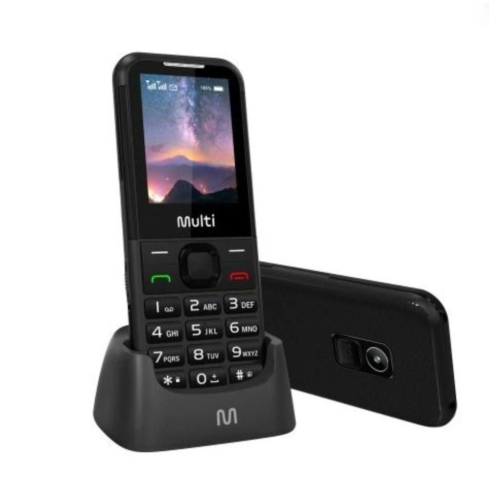 Celular idoso simples Multi Vita 4G C/ Base Carregadora Dual Chip, Botão SOS, Câmera Preto - P9225